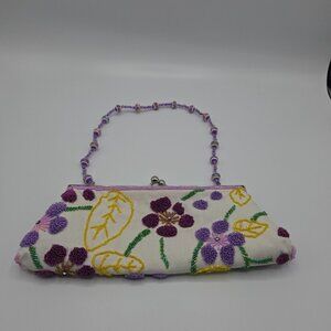 Nicole Lee Beaded Floral Clutch Vintage Kiss Lock Convertible Crossbody